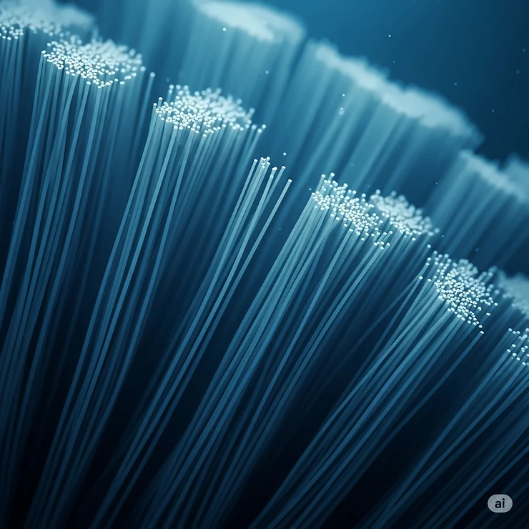 A close-up, abstract illustration of the synthetic fibers that compose high-quality fish tank filter floss, emphasizing its durable and non-toxic nature for aquatic environments.