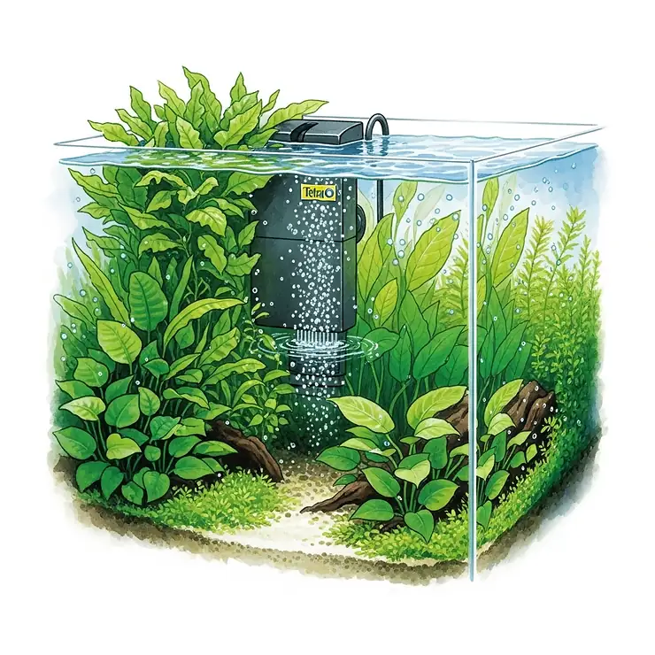 An aesthetic illustration of a Tetra fish filter seamlessly integrated into a beautifully planted aquarium, showcasing its effectiveness in maintaining water quality in a naturalistic environment.