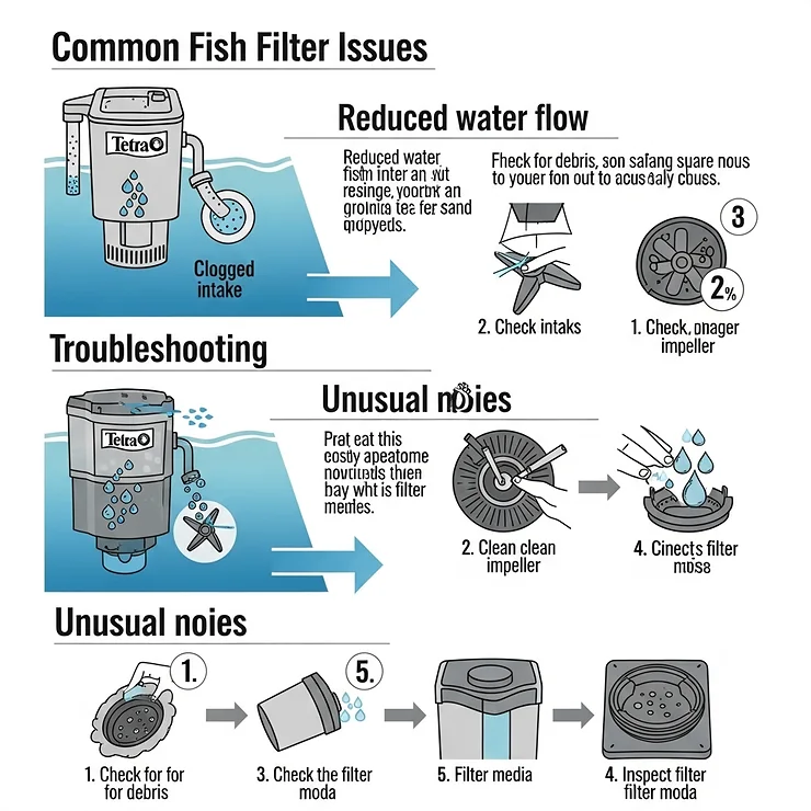 An infographic illustrating common issues encountered with Tetra fish filters, such as reduced flow or strange noises, along with simple troubleshooting tips and solutions.