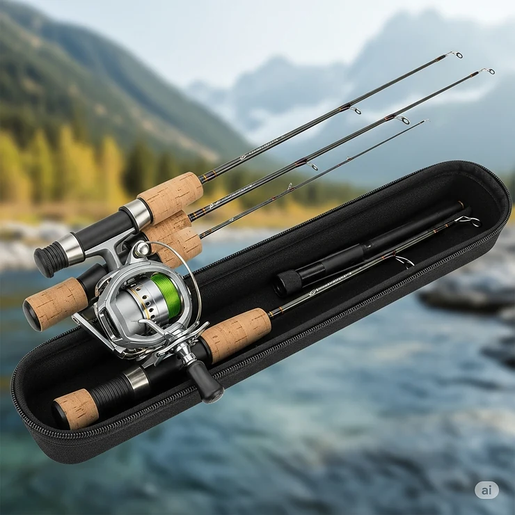 Compact and portable trout fishing rod and reel setup, ideal for anglers on the go.