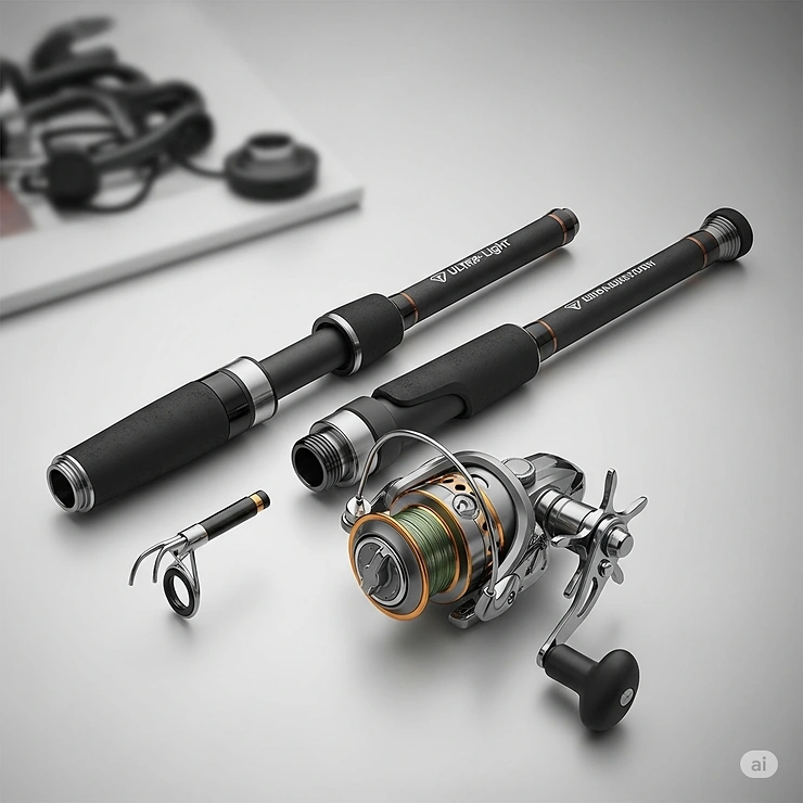 Two-piece ultra-light fishing rod combo disassembled for easy travel and storage, emphasizing its portable nature.