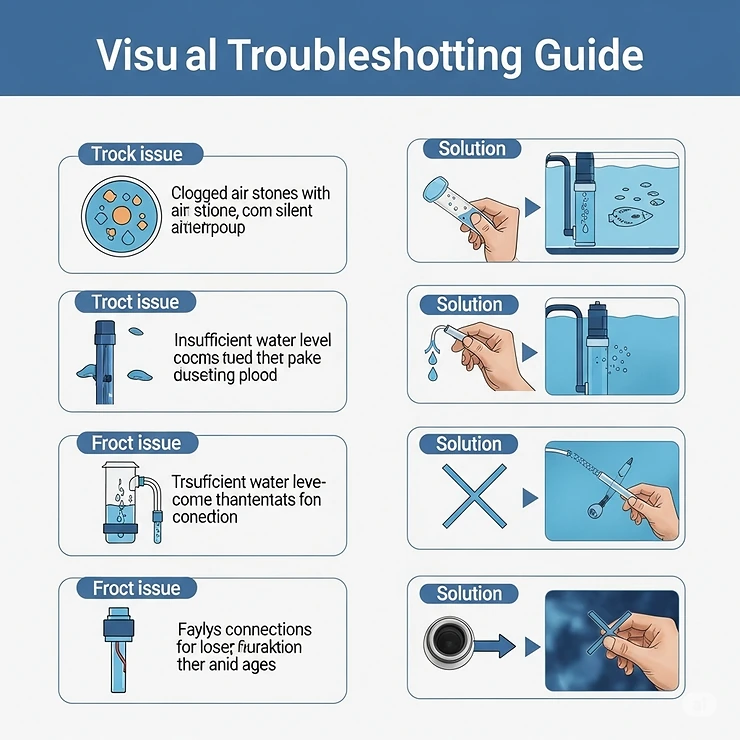 Visual troubleshooting guide for common issues with a quiet fish tank air pump, providing quick and easy solutions to ensure continuous silent operation.