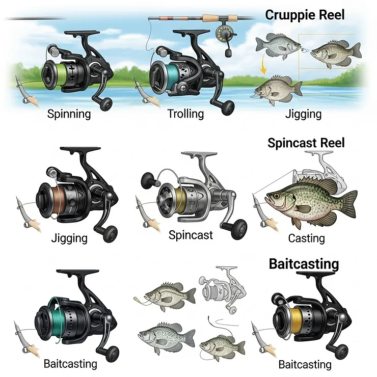 An illustration displaying various types of crappie fishing reels, including spinning, spincast, and baitcasting models, ideal for different crappie techniques.