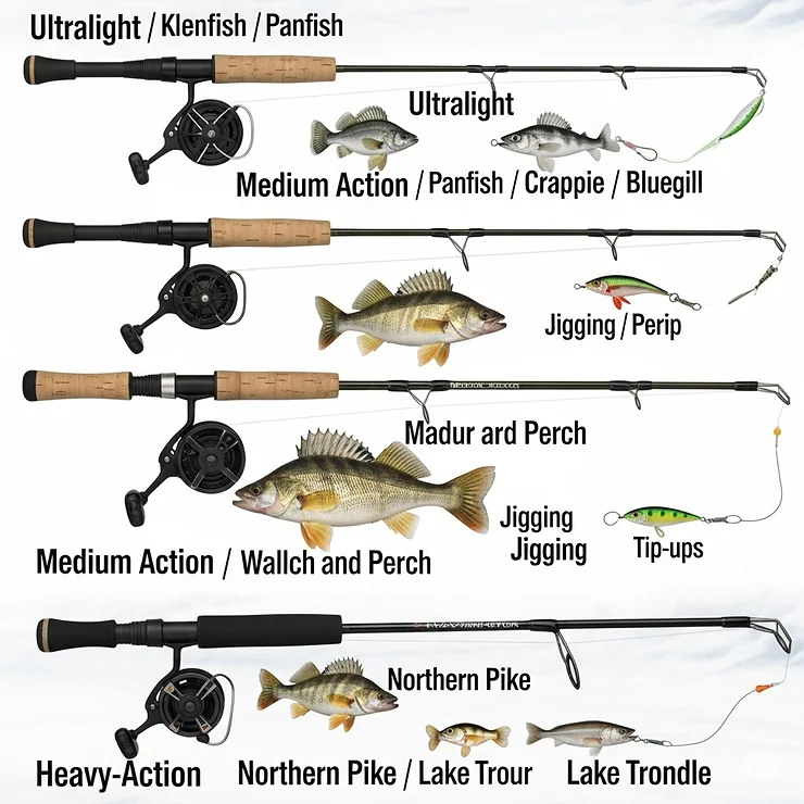 Visual guide showcasing various types of ice fishing rods, including ultralight, medium, and heavy action, each suited for different fish species.