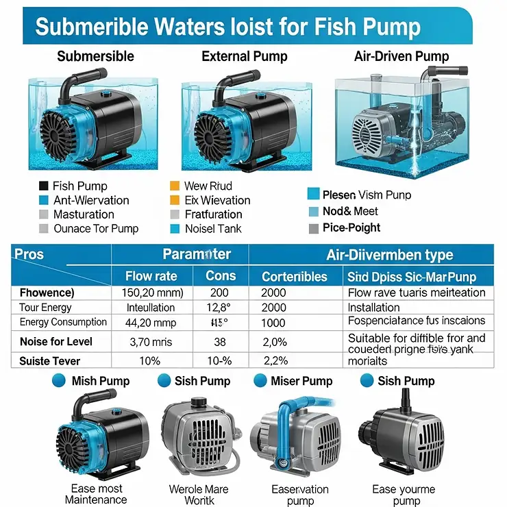 Visual comparison of various water pump types suitable for fish tanks, highlighting their distinct features and applications.