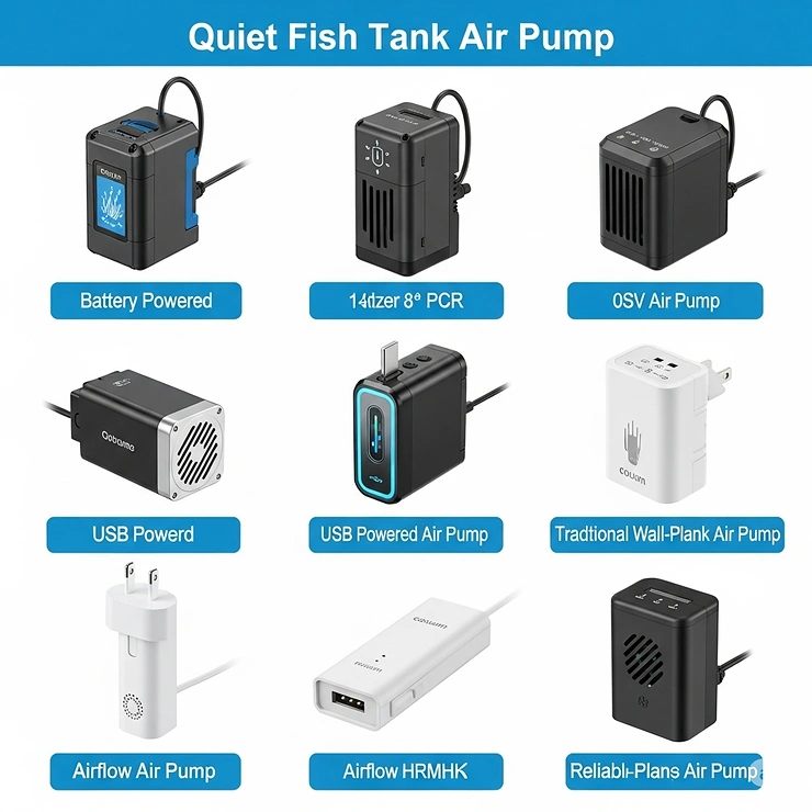 Assortment of various quiet fish tank air pump models, showcasing options like battery-powered, USB, and traditional wall-plug designs to suit different needs.