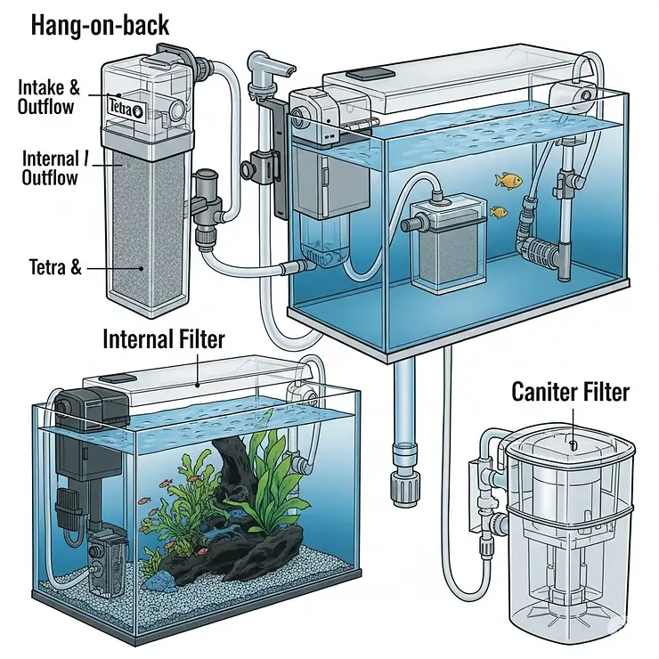An illustration showcasing various types of Tetra fish filters, including hang-on-back, internal, and canister filters, highlighting their unique designs and placements in an aquarium.