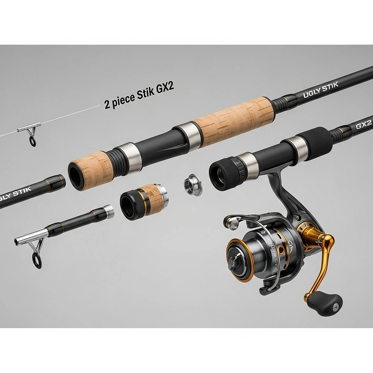 The Ugly Stik GX2 spinning combo disassembled, illustrating the two-piece rod and separate reel for easy transport and storage.