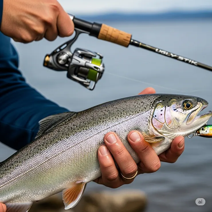 A successful catch, with the reliable Ugly Stik GX2 spinning combo visible in the background, showcasing its capability in landing fish.