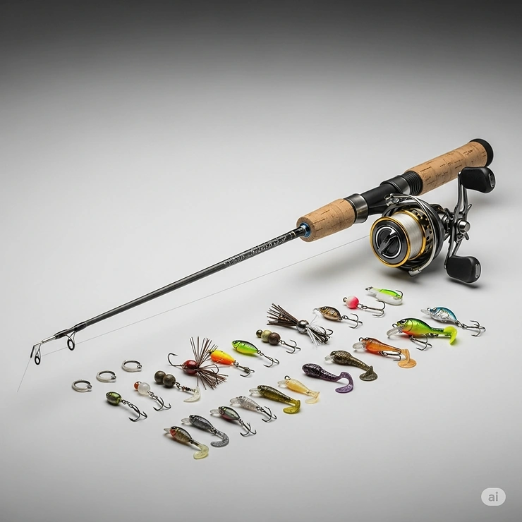 Ultra-light fishing rod combo displayed alongside a selection of small, lightweight lures and baits ideal for finesse angling.