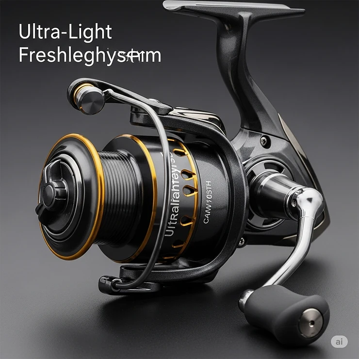 Close-up of an ultra-light spinning reel, highlighting its compact design and smooth drag system for fishing.