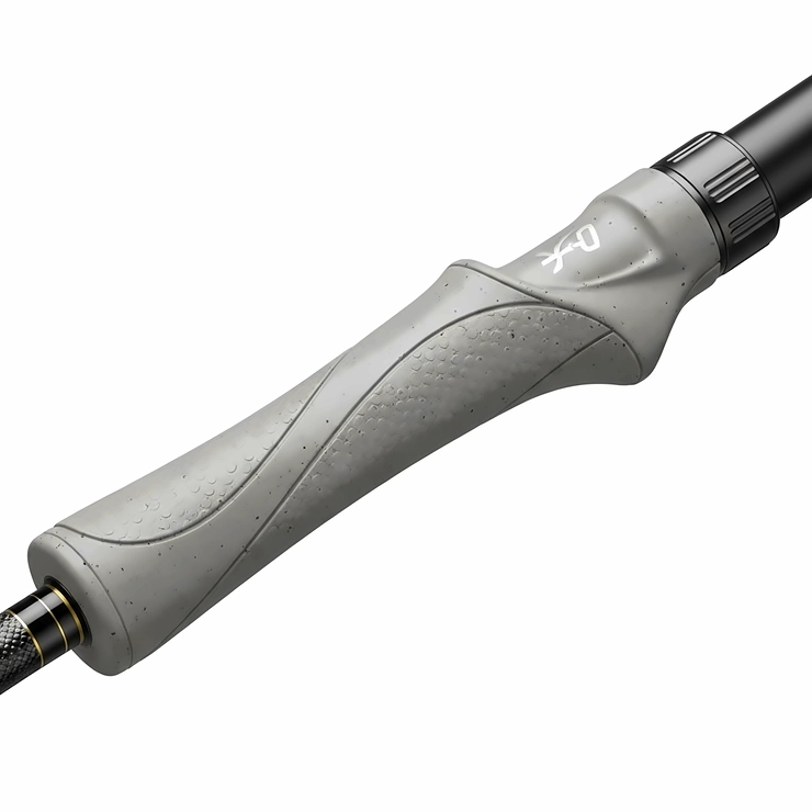 Detail of the ergonomic handle and comfortable grip on an ultra-light fishing rod, designed for extended fishing comfort.