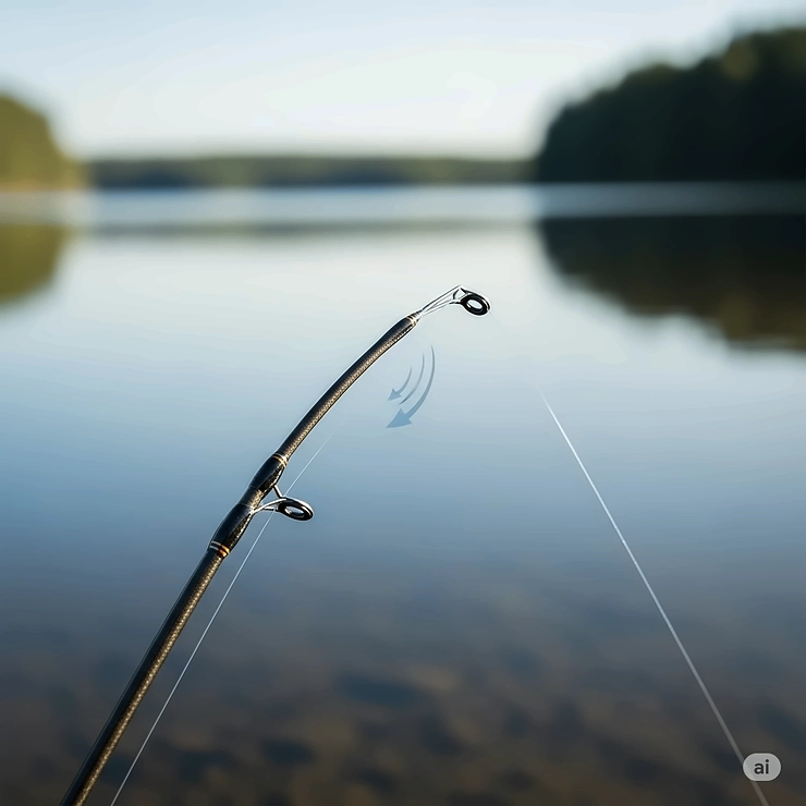 Flexible tip of an ultra-light fishing rod, demonstrating its sensitivity for detecting subtle bites.