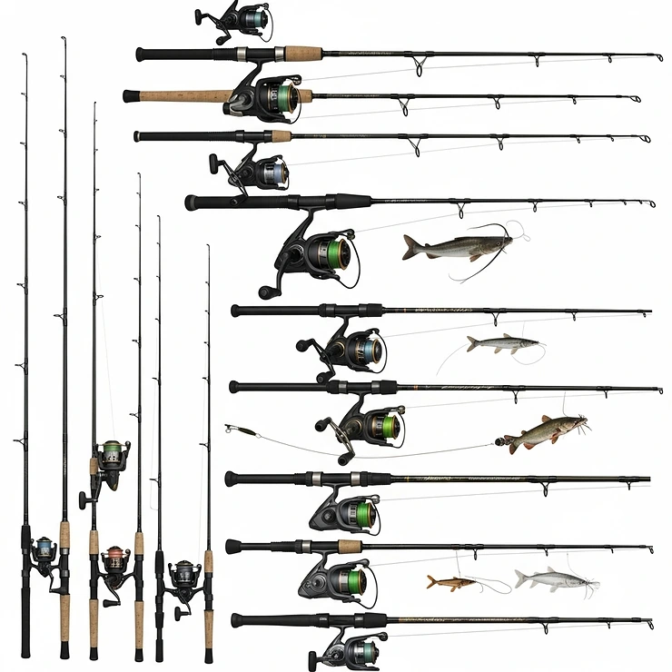 An assortment of various catfish fishing rod combos, displaying a range of styles and setups to suit different preferences and fishing techniques for serious catfish anglers.