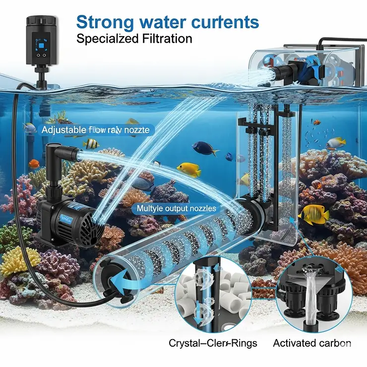 Illustration showing a water pump used in a freshwater fish tank setup, emphasizing water circulation and filtration.