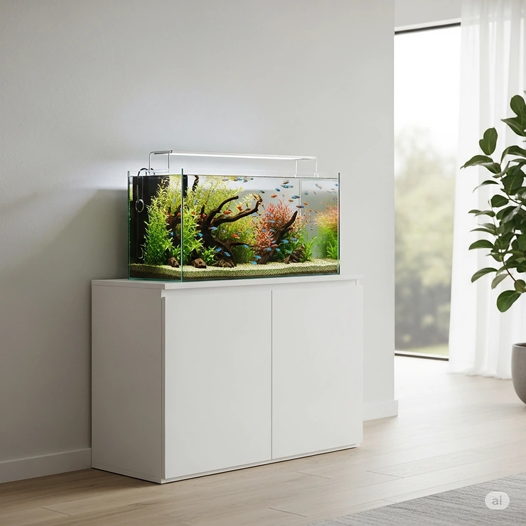 A minimalist-style white fish tank cabinet supporting a clear glass aquarium, ideal for modern and Scandinavian-inspired interiors.