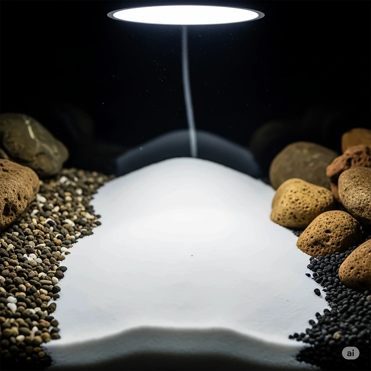 Visual comparison of white fish tank sand next to darker gravel and natural rock substrates, emphasizing its bright appearance.