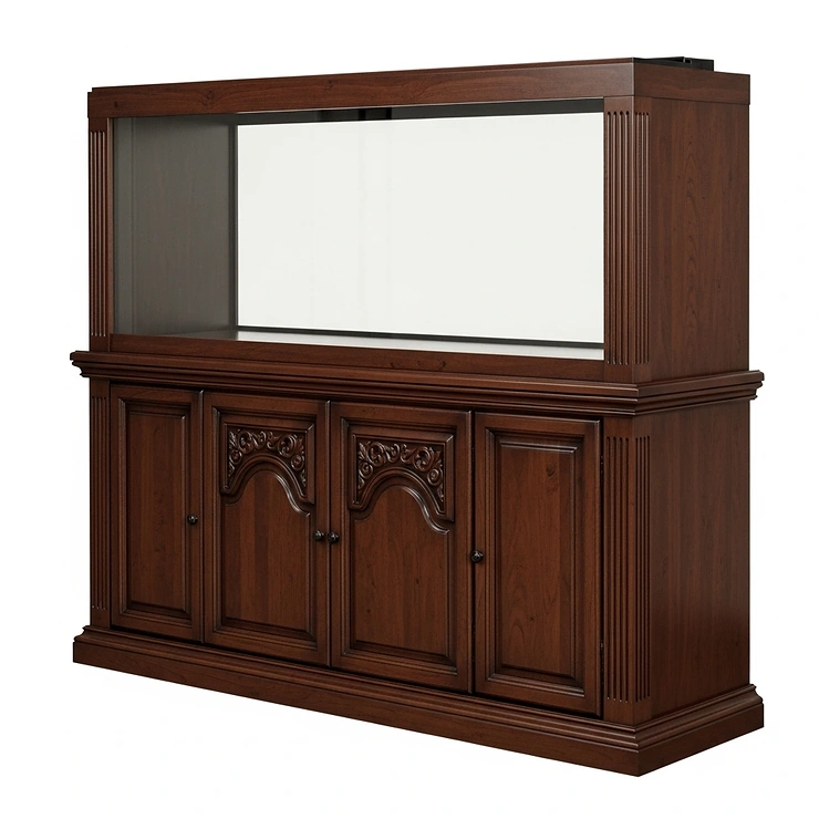 A classic dark wood fish tank stand, featuring traditional craftsmanship and sturdy construction, ideal for supporting a heavy fish tank.