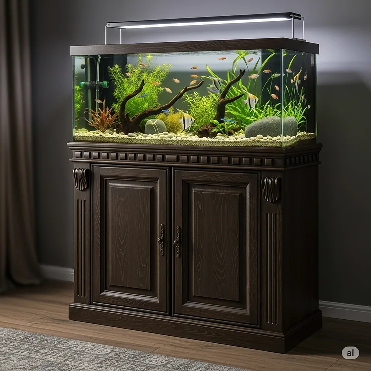 A classic dark wooden fish tank cabinet providing a sturdy base for a freshwater aquarium, evoking a traditional and timeless aesthetic.