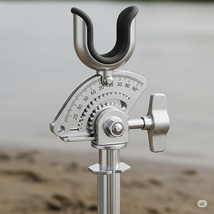 A detailed view of an adjustable-angle fishing pole holder for the ground, highlighting the mechanism that allows for different pole positions.