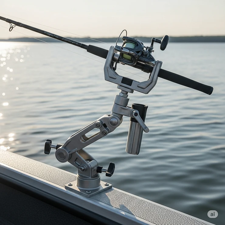 An adjustable boat fishing rod holder with a rod secured, showcasing its versatile angle settings for different fishing techniques.