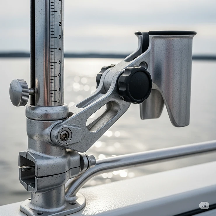 An image highlighting the various adjustments on an adjustable fishing rod holder bracket, including angle and height.