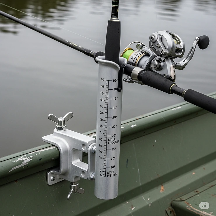 A close-up of an adjustable rod holder on a jon boat, with markers indicating different angle settings for trolling or still fishing.