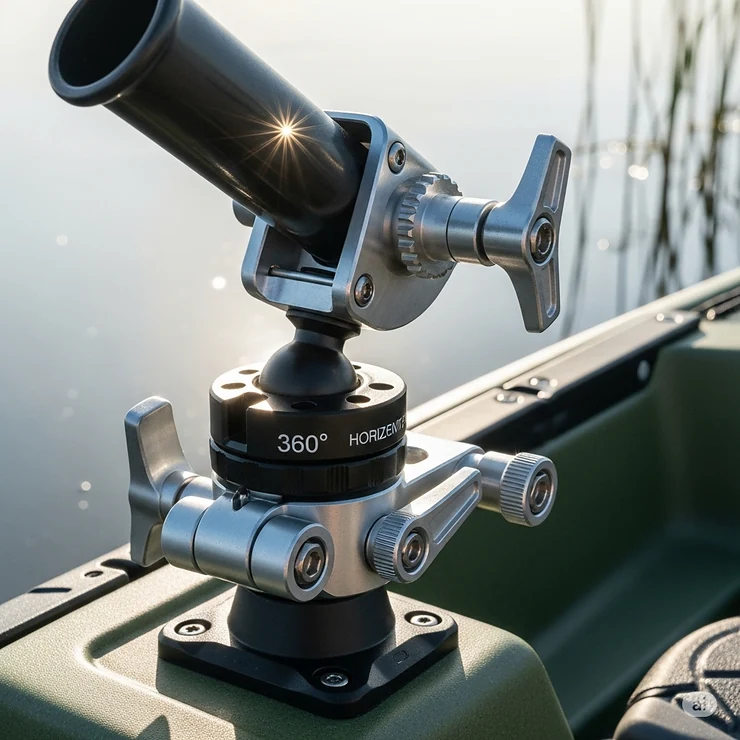 A detailed view of an adjustable kayak fishing rod holder, emphasizing its multiple pivot points for finding the perfect angle.
