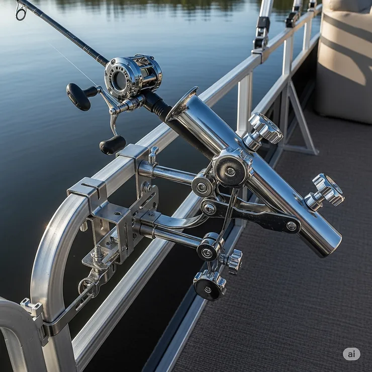 An adjustable fishing rod holder on a pontoon boat, demonstrating its ability to pivot and change angles for different fishing techniques.