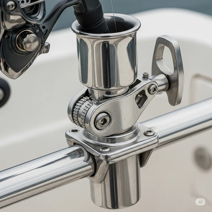 Close-up of an adjustable rail mount rod holder showing the swivel mechanism that allows for multiple fishing angles.
