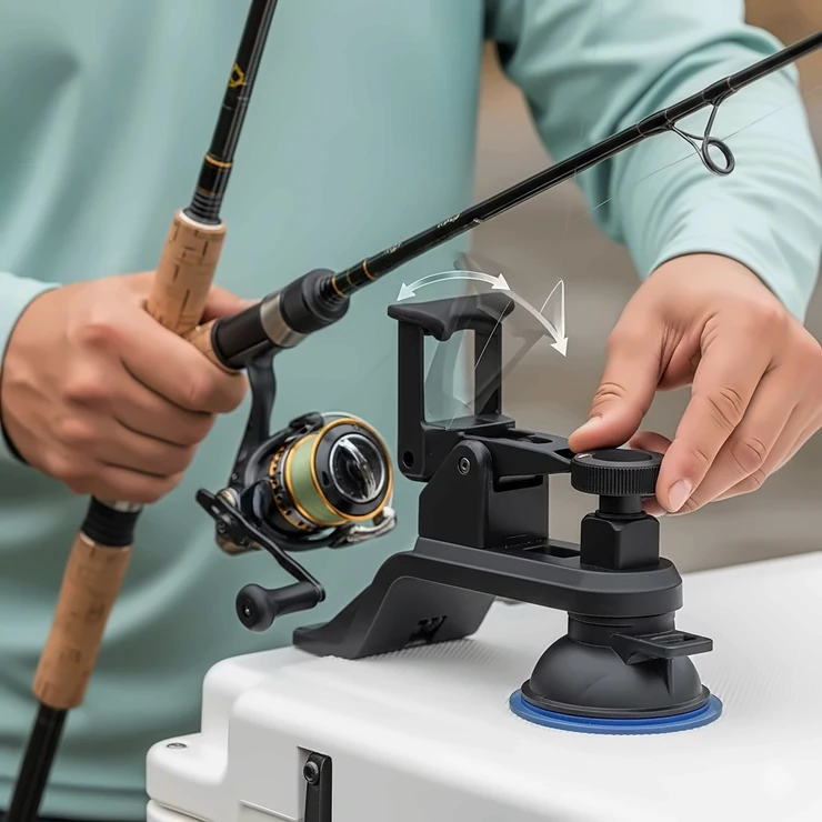 A person demonstrating the adjustable angle feature of a versatile suction cup fishing rod holder.