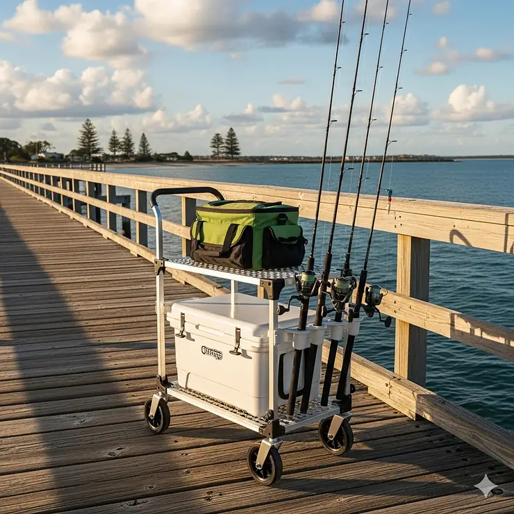A lightweight, rust-proof aluminum fishing cart is positioned on a pier, loaded with a cooler, tackle bag, and several fishing poles.