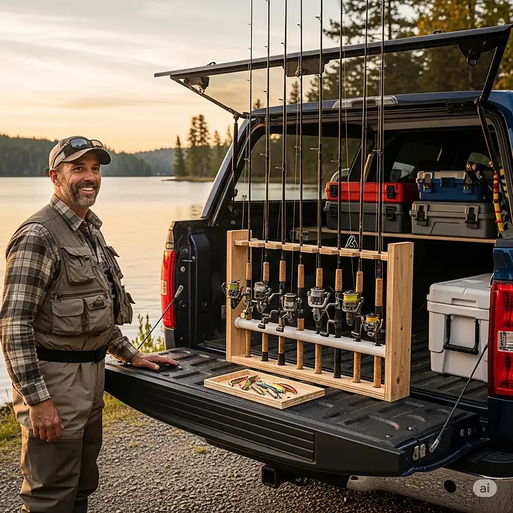 A satisfied angler standing next to a truck with an organized truck bed fishing rod holder, showcasing the benefits of a clutter-free and efficient fishing setup.