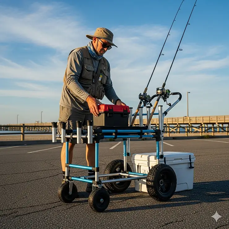 An angler loads their gear—tackle box, rods, and cooler—onto a new fishing cart before heading to the pier.