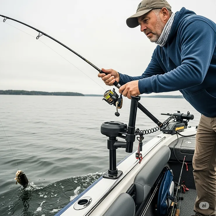 An angler expertly using a boat fishing rod holder to stabilize their rod while reeling in a catch, demonstrating its utility.