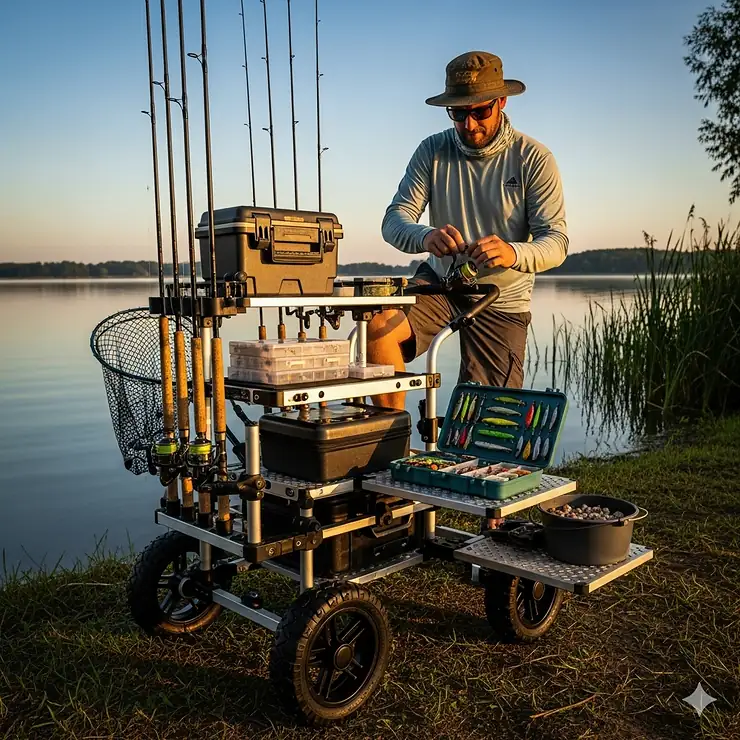 An angler setting up their gear from a fishing cart, showcasing the convenience of having tackle, bait, and rods easily accessible from the built-in rod holders.
