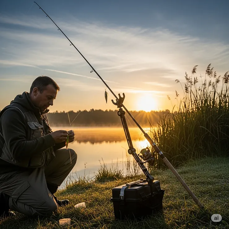 An angler using a magnetic rod holder to keep their fishing pole secure while tying a lure.