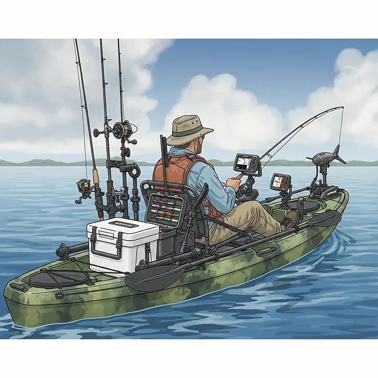 An illustration of a fully rigged fishing kayak with an angler, showcasing multiple rod mounts for different types of fishing rods.