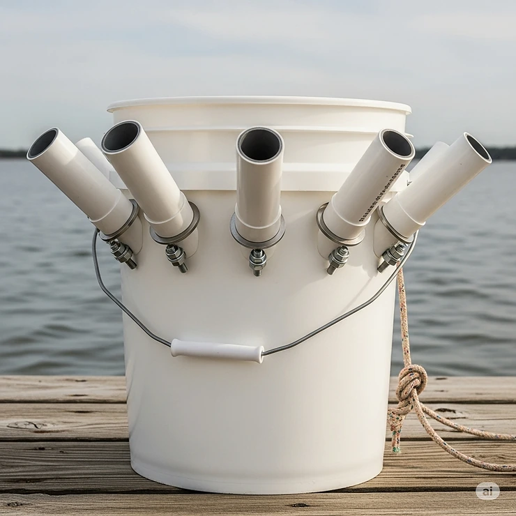 The partially assembled 5 gallon bucket fishing rod holder with all the PVC pipes attached and ready for final adjustments.