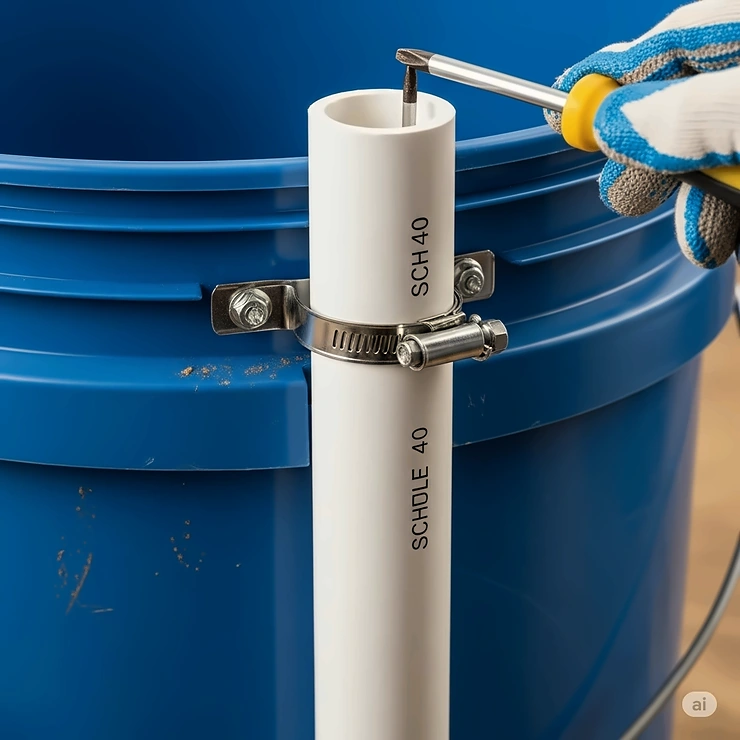 Securing the cut PVC pipe sections to the exterior of the 5 gallon bucket, forming the core of the rod holder.