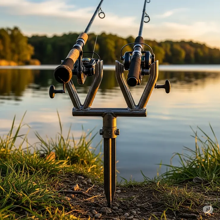 A close-up of a sturdy bank fishing rod holder securely planted in the earth, holding two fishing rods at a scenic lakeside, demonstrating an effective setup for anglers.