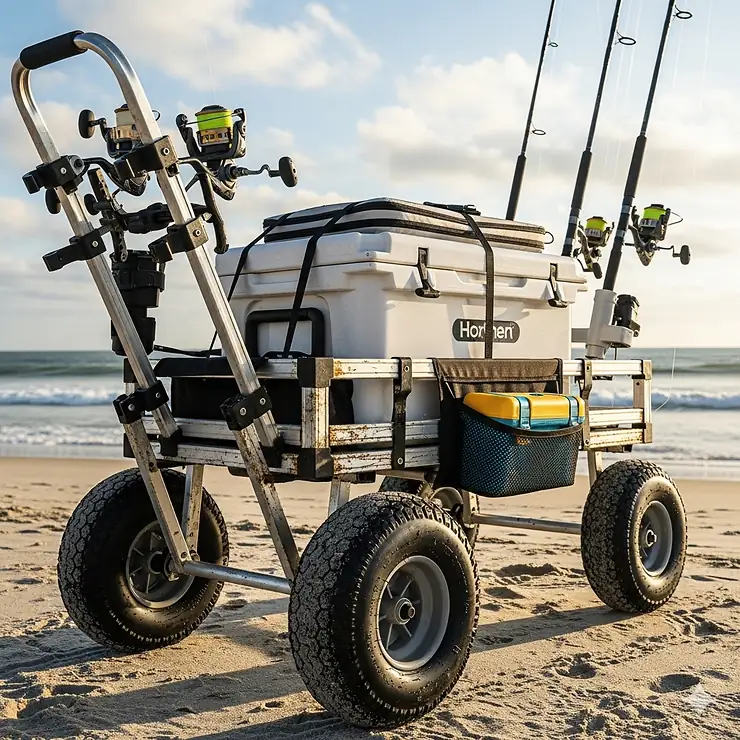 A heavy-duty beach cart designed for surf fishing, with a large cooler secured in the main compartment.