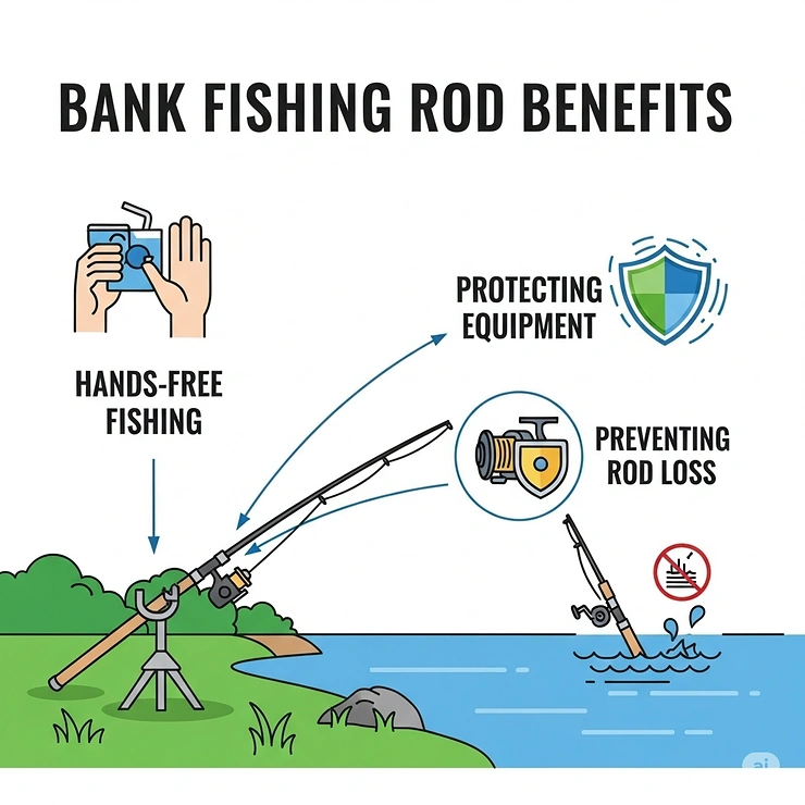 An infographic-style illustration showcasing the key benefits of using bank fishing rod holders, including hands-free fishing, protecting equipment, and preventing rod loss.