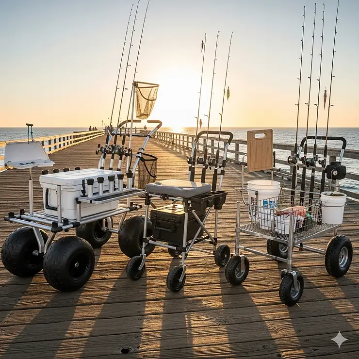 A comparison shot of the three best pier fishing carts on the market, showcasing different models and features side-by-side.