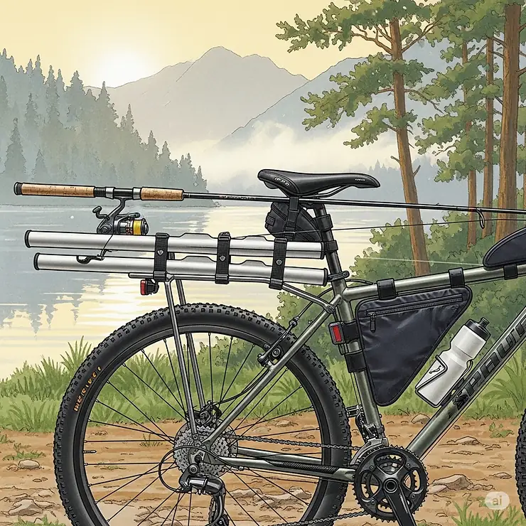 An illustration of a portable fishing pole carrier attached to the frame of a bicycle, showcasing a convenient way to transport your fishing gear to remote locations.