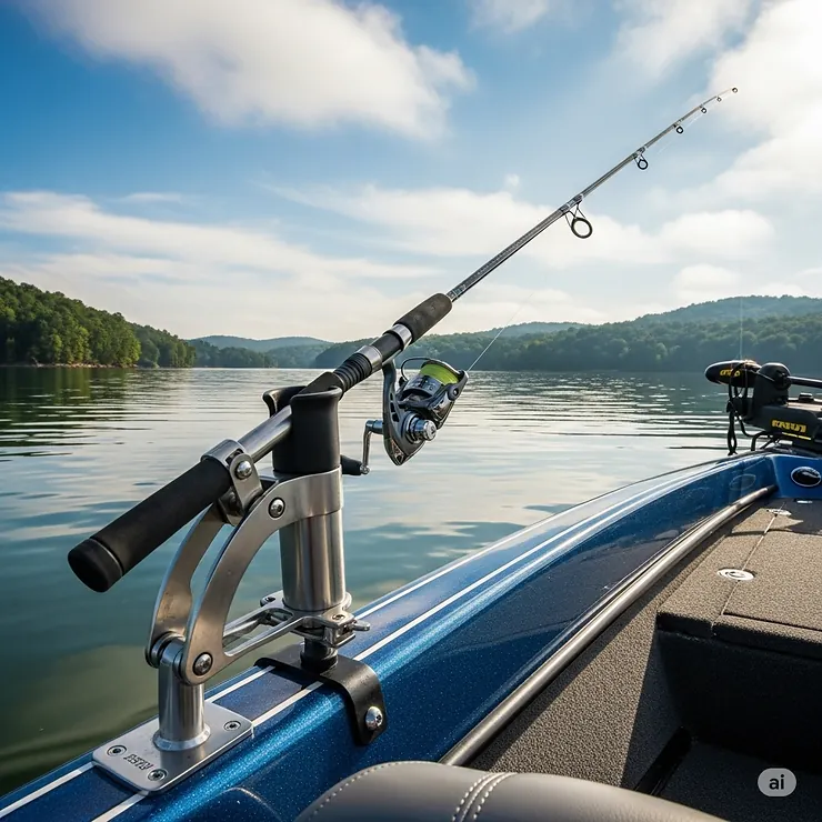 A durable boat fishing rod holder securely mounted on a sleek bass boat, ready for a day of angling on the lake.