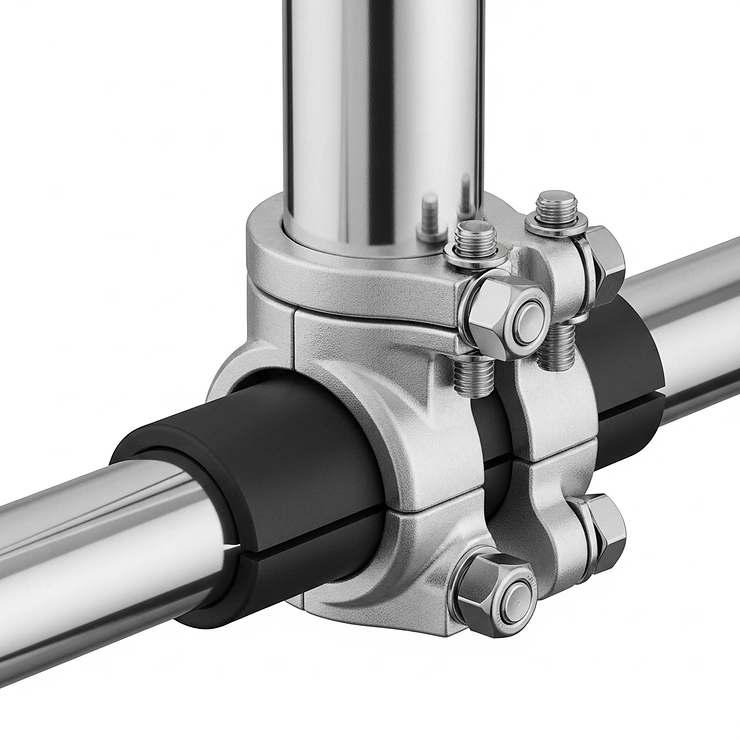Detailed shot of the clamp and insert of a rail mount rod holder, showing how it firmly attaches without drilling.