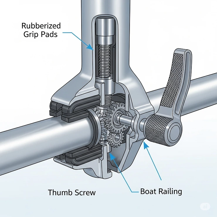 A close-up illustration of the clamping mechanism on a boat rod holder, showing how it firmly grips the railing without causing damage.