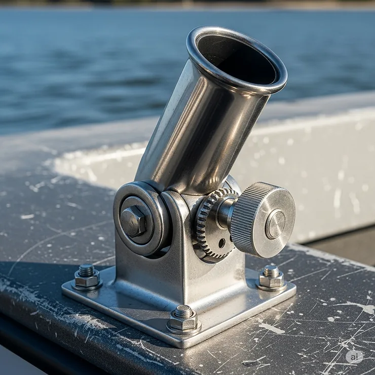 An image of a single, heavy-duty bolt-on fishing rod holder, highlighting its adjustable angle and secure mounting base.