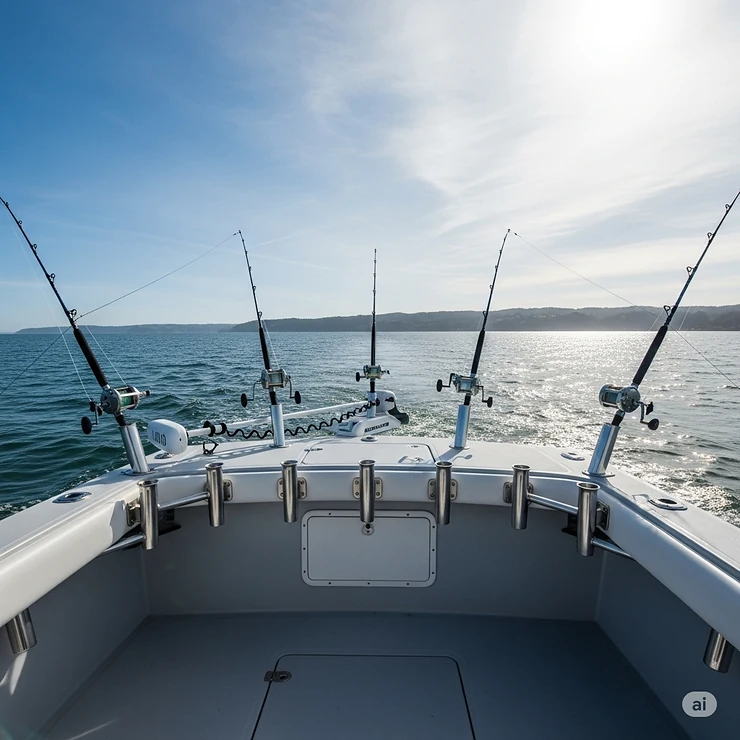 A full view of a fishing setup featuring multiple bolt-on rod holders on a boat, arranged to accommodate different trolling lines.